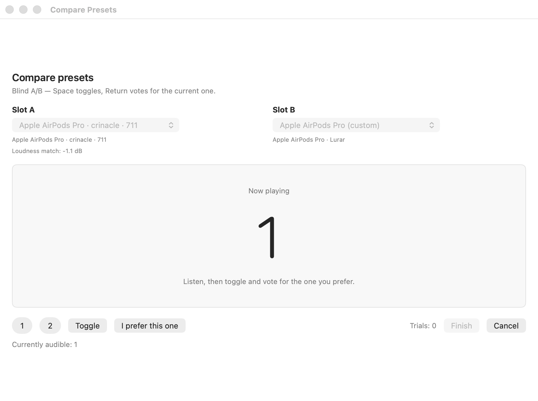 A/B blind comparison view with trial counter