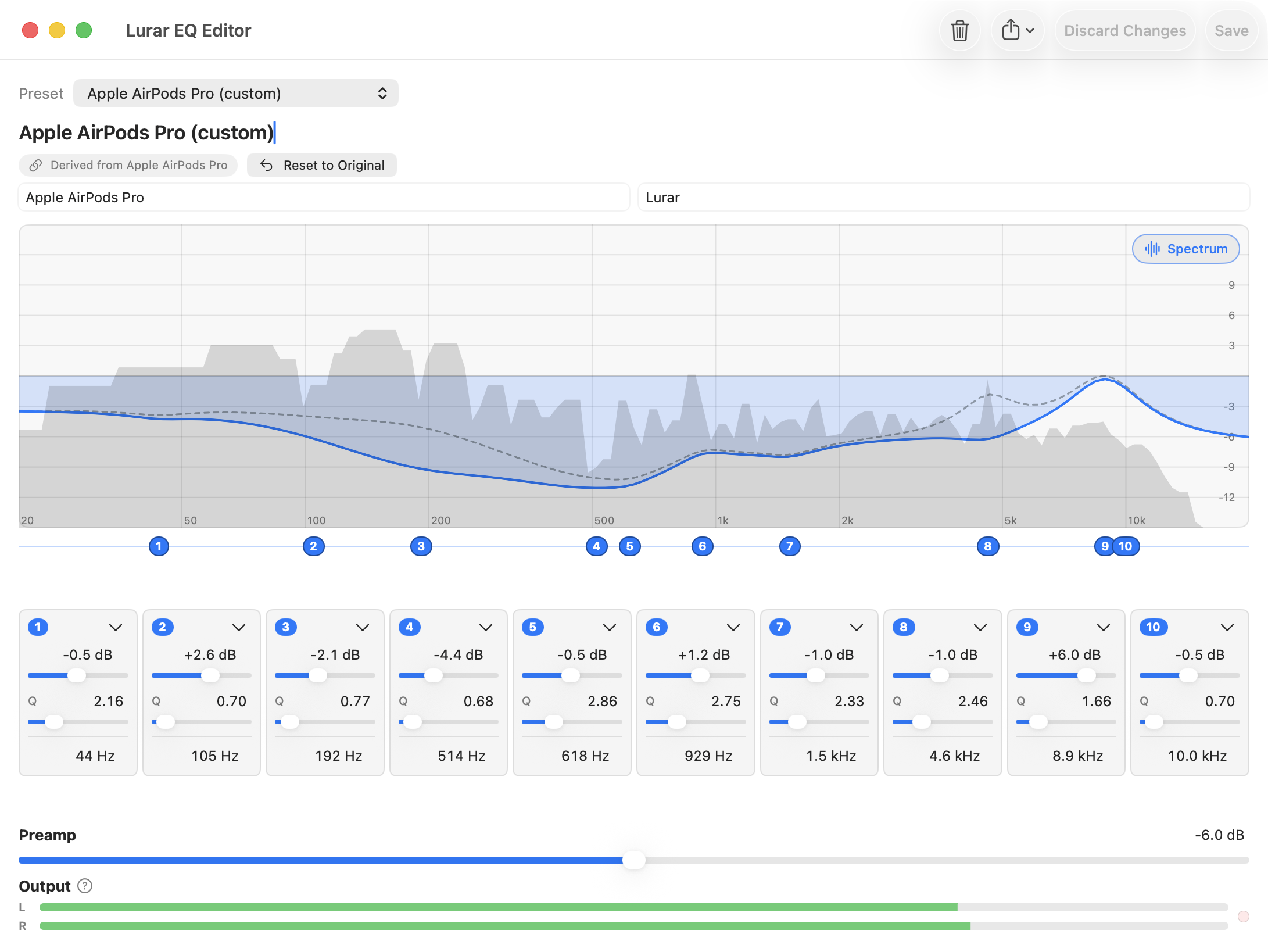 EQ editor showing curve, bands, spectrum overlay, and clip meter