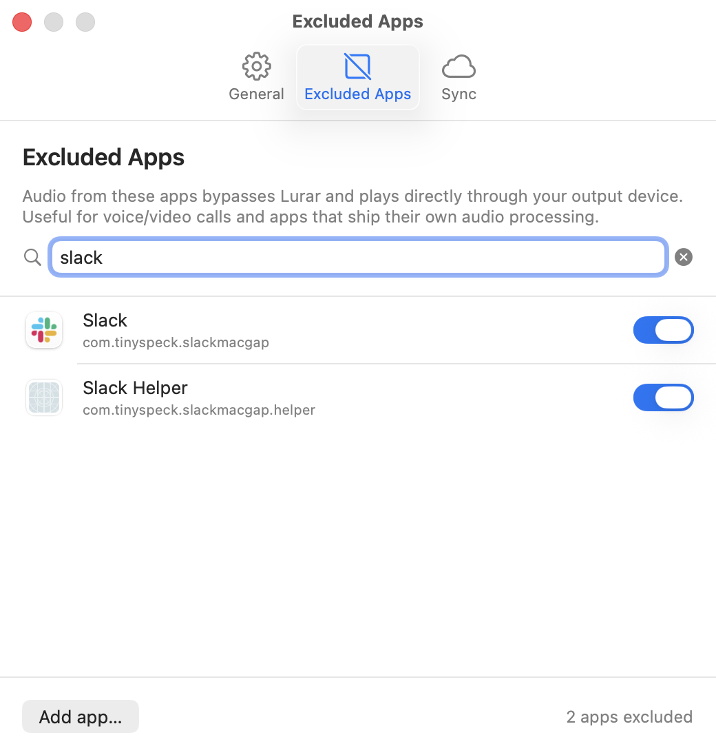 Settings panel listing excluded apps