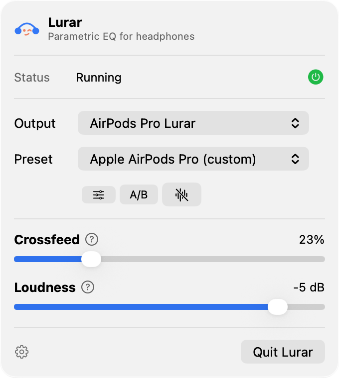 Lurar menu bar popover with engine on, preset selected, and output device set