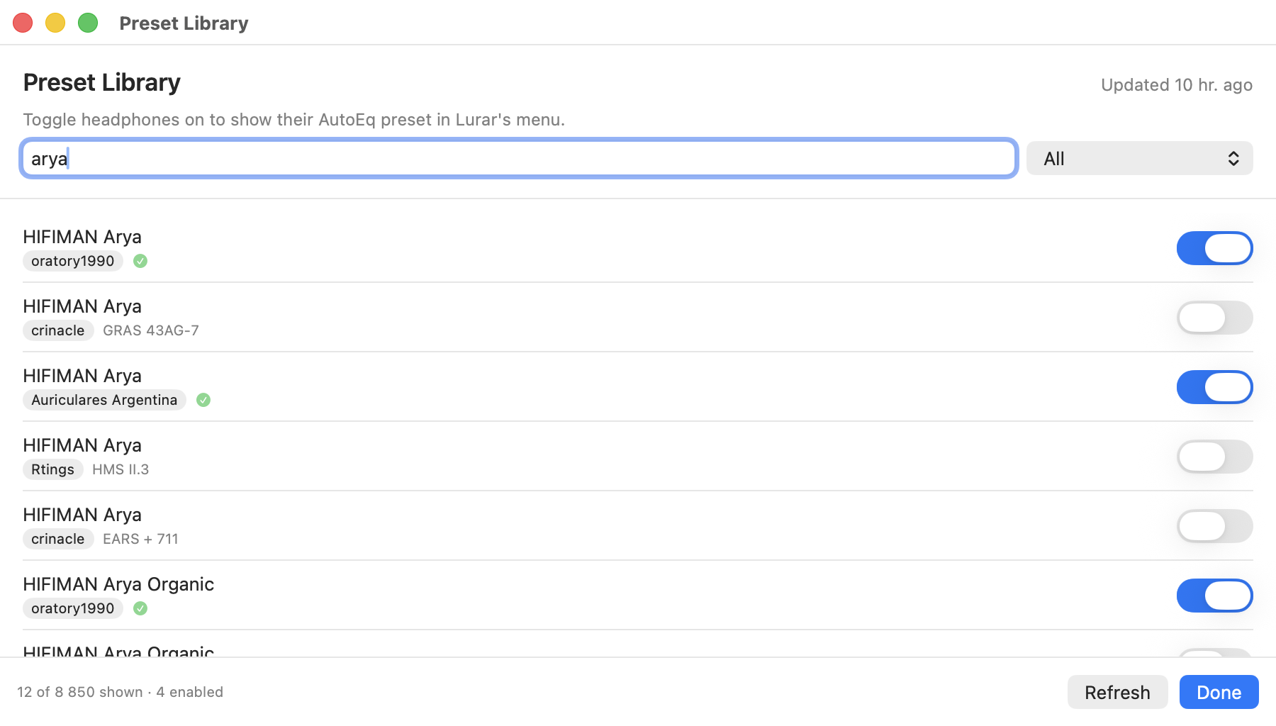Preset library showing AutoEq catalog entries