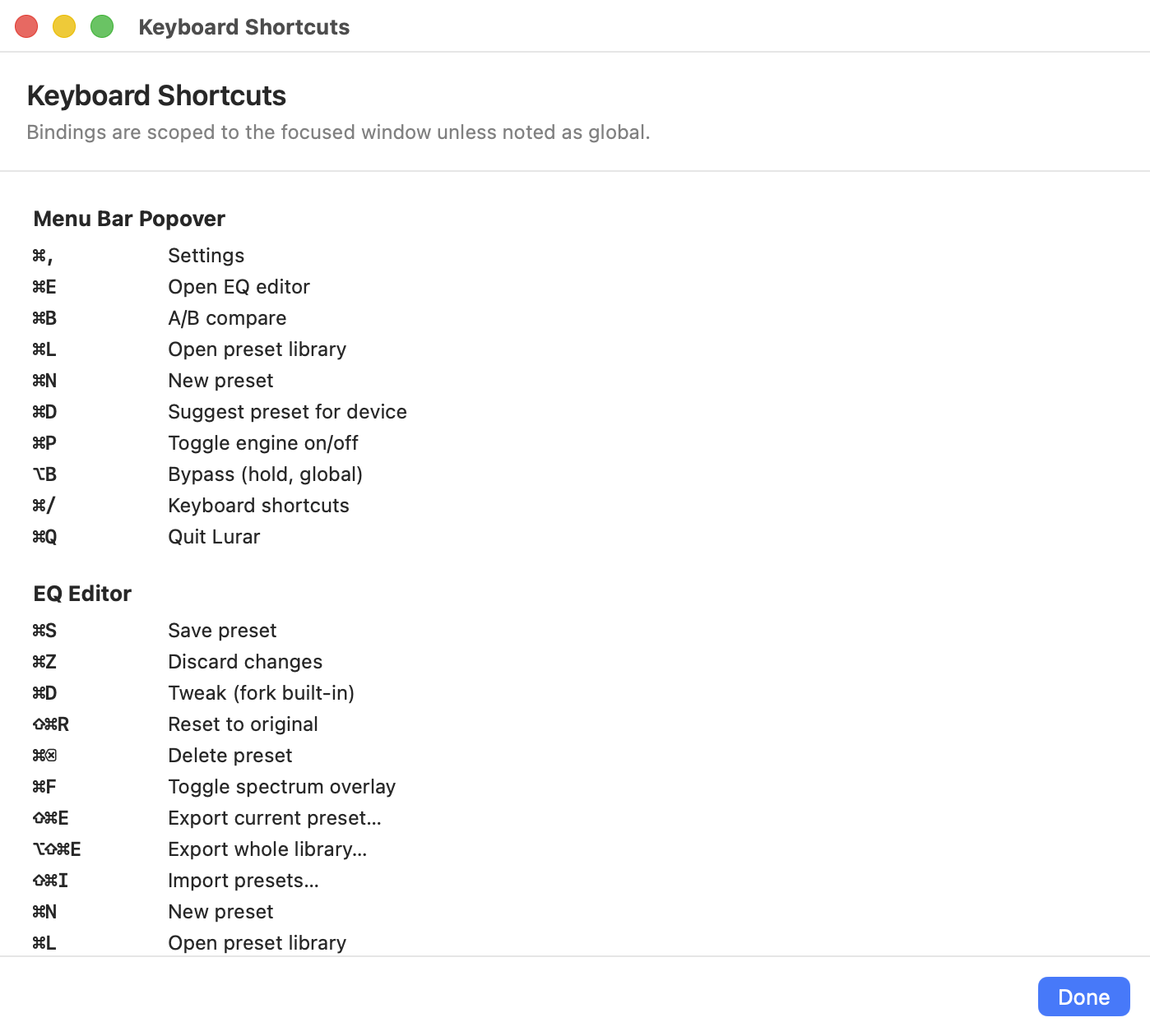 Keyboard Shortcuts cheat sheet listing every binding grouped by screen
